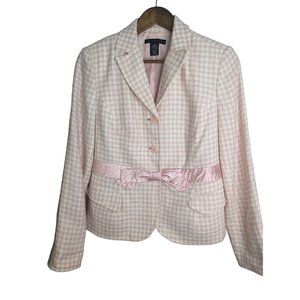 Apostrophe Pink & White Plaid Tweed Blazer Y2K Coquette Bow Accent Cropped sz 8